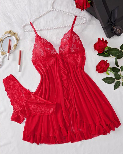 Women's Lace Sexy Ruffle Suspender Nightdress and Panty Set
